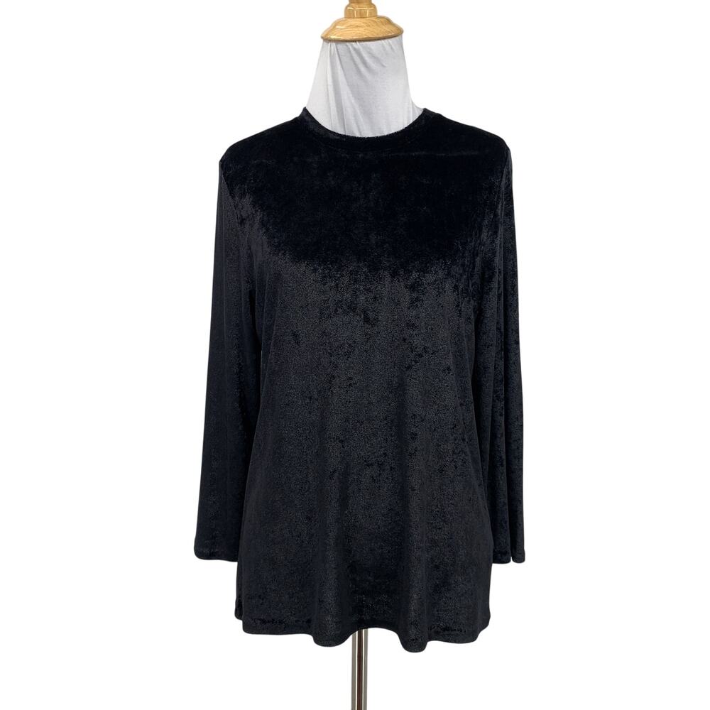 Vince Top Womens L Large Black Crushed Velvet 3/4 Sleeve High Crew Neck Stretch
